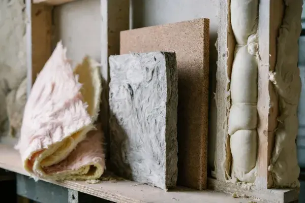How to choose the best sustainable insulation: close-up of fiberglass, mineral wool, cork and spray foam in workshop