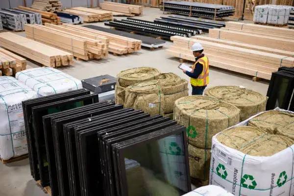 A construction jobsite staging area showing early-purchase sustainable building components.