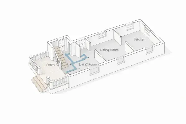 Cutaway plan of a typical 1910s house showing porch, entry hall, living room, dining room, and kitchen in sequence.