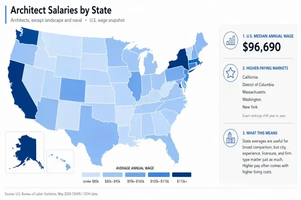 U.S. architect salary map showing wage bands by state, national median annual wage, and higher-paying architecture markets.