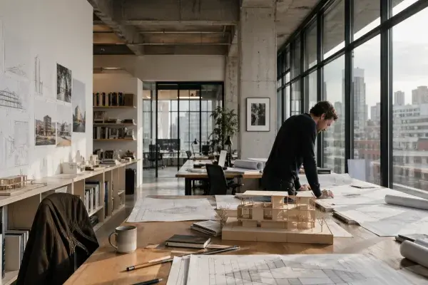 Architect reviewing drawings in a contemporary Canadian architecture studio.