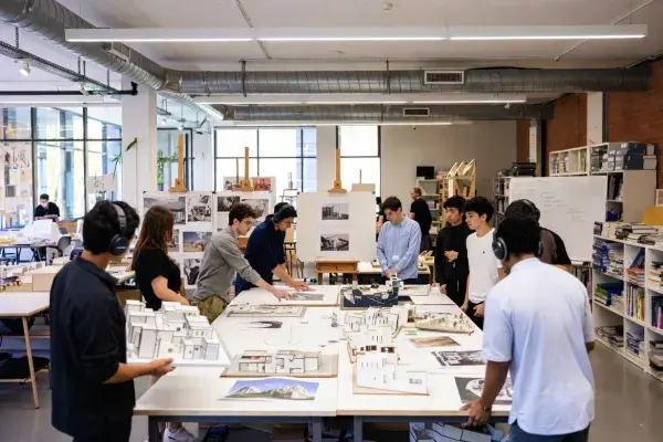 Architecture students reviewing models and drawings in a professional studio.