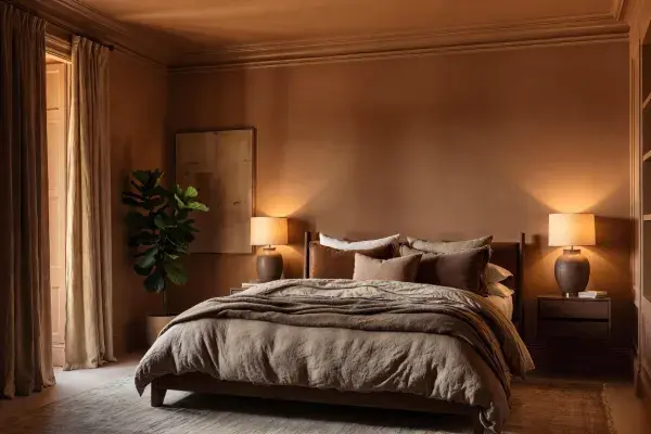 Warm brown color-drenched bedroom with matching walls, trim, ceiling, and layered bedding.