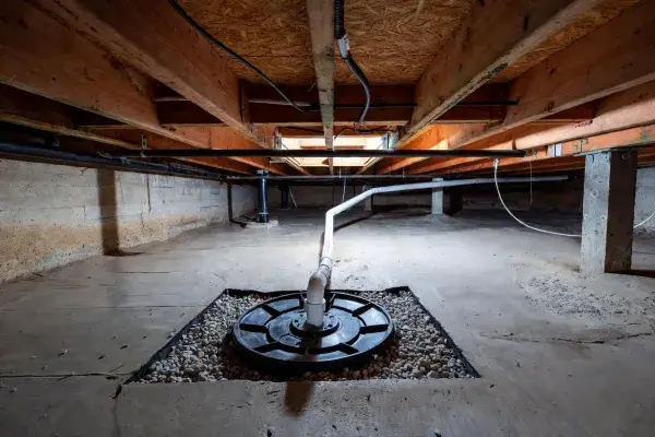 Crawl space sump basin with sealed ground liner and interior drainage system.