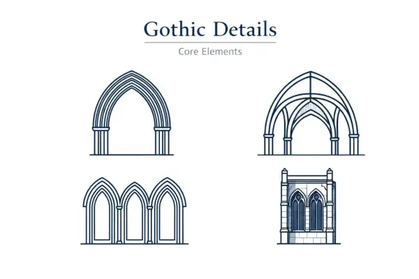 Gothic architectural details showing pointed arches, layered arch profiles, and a facade bay fragment.