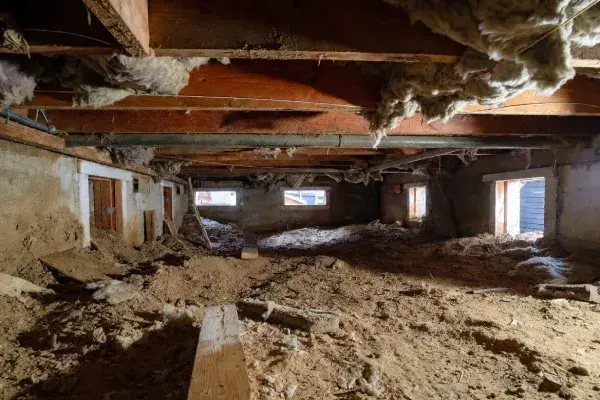 Neglected crawl space with bare soil, exposed vents, and hanging insulation.