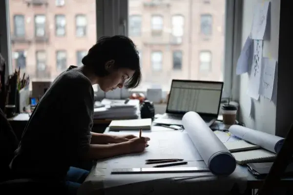 Entry-level architecture worker drawing at a desk near a New York City window.