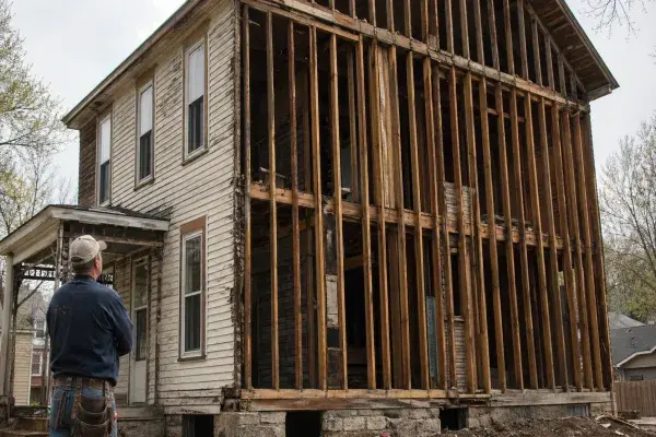 Older American wood house with one wall opened to show continuous balloon framing studs rising through two floors.