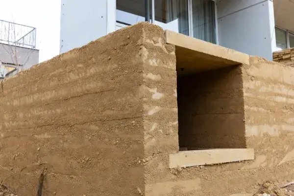 Rammed earth wall corner showing wall thickness above a concrete base.