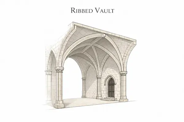 Ribbed vault diagram showing intersecting vault ribs springing from clustered columns.