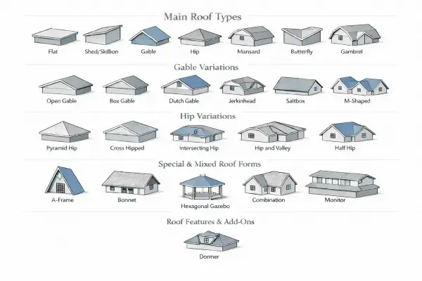 Chart showing main roof types, gable variations, hip variations, special roof forms, and dormer roof features.