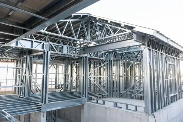 Cold-formed steel house frame with steel roof trusses over the main volume.