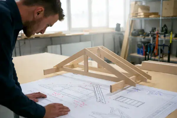 Designer reviewing a small wood truss model over roof framing drawings in a workshop.