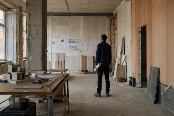 Architect standing alone in an unfinished project space, reviewing drawings pinned to the wall.