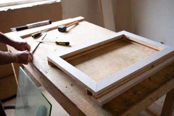 Partly assembled wood window sash on a workbench with glass and tools nearby.