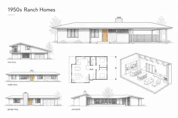 Architectural study of a 1950s ranch house showing the front elevation, floor plan, and kitchen-living cutaway.