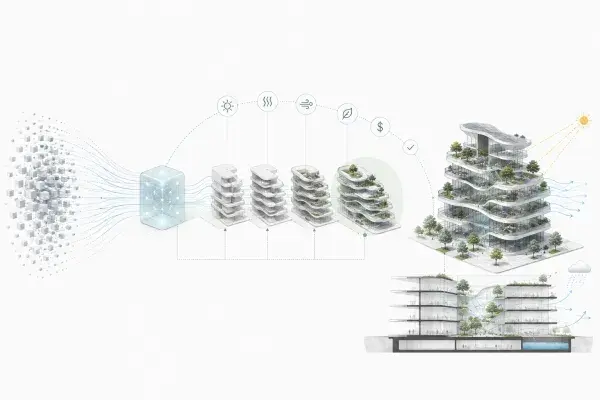 AI design workflow header showing data streams becoming building options, performance checks, and a final sustainable building concept.