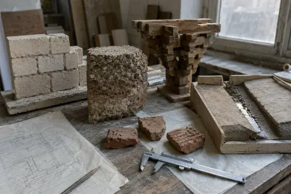 Architecture study table with limestone wall blocks, Roman concrete sample, timber bracket model, drainage platform, clay fragments, calipers, and tracing paper.