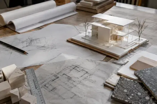 Architecture studio desk with study model, tracing paper sketches, scale ruler, and material samples.