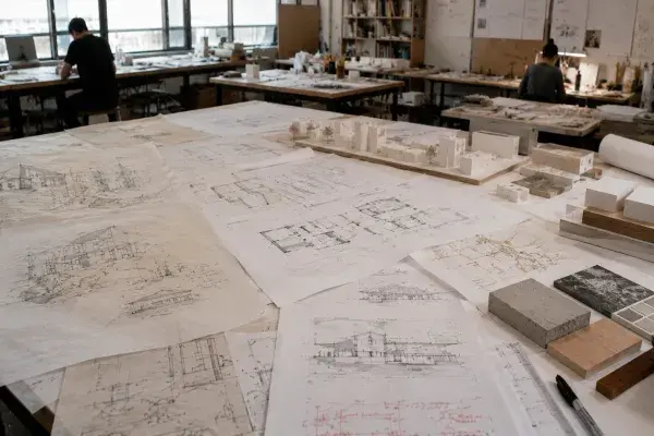 Architecture studio worktable with tracing-paper sketches, floor plans, physical models, material samples, and architects working in the background.