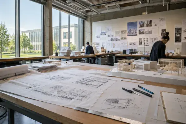 Architecture school studio with drawings, models, review boards, and a campus building outside the windows.