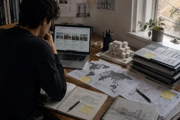 Architecture student comparing international architecture school options with a laptop, world map, portfolio papers, notes, and a small architectural model on a desk.