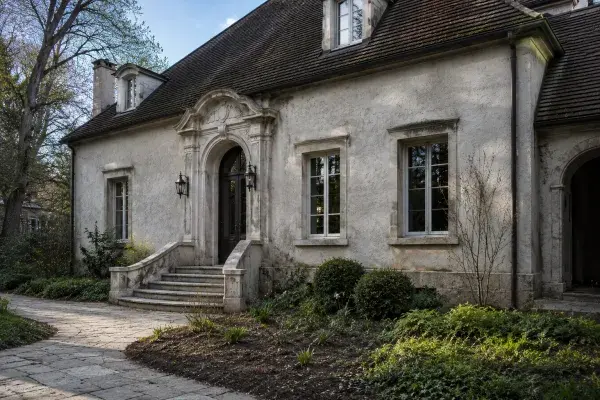 Baroque-inspired residential house with a curved stone entry stair, worn stucco walls, deep window openings, and an uneven garden path.