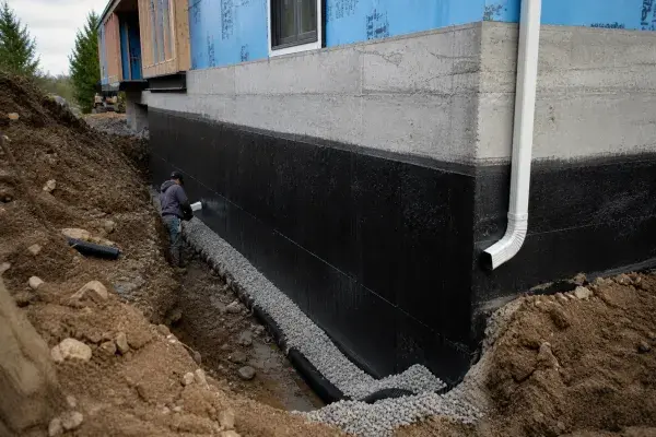 Basement waterproofing and footing drain installation with gravel trench and membrane on foundation wall.