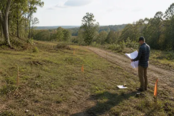 Residential building site on sloped land with survey stakes, access path, and plans being reviewed.