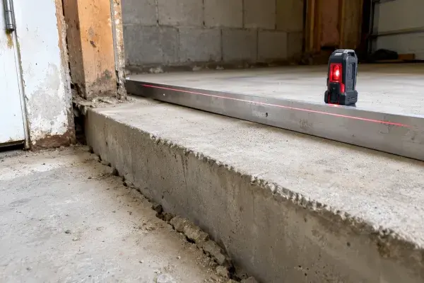 Low concrete slab edge with a visible crack and uneven elevation, shown with a straightedge and laser level in an unfinished garage or foundation area.