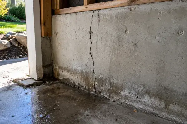 Cracked concrete stem wall with water staining at the base inside an unfinished foundation area.
