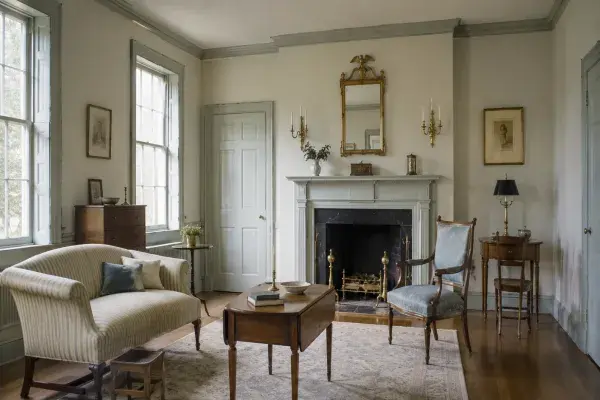 Federal-style parlor with tall windows, pale trim, restrained fireplace mantel, slim furniture, muted colors, and brass accents.