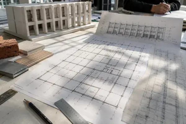 Architectural worktable with a gridded floor plan, facade study, massing model, material samples, ruler, and tracing paper.