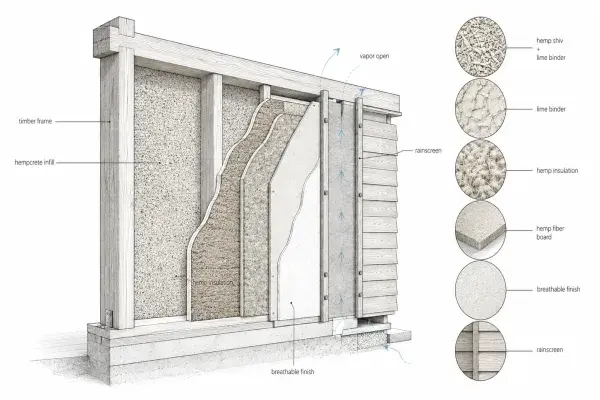Diagram of hemp building materials showing hempcrete infill, timber framing, hemp insulation, hemp fiber board, breathable plaster, rainscreen cladding, and vapor-open wall layers.