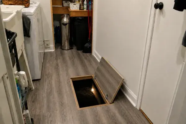 Interior crawl-space access hatch open in a laundry room with a framed floor opening and ladder below.
