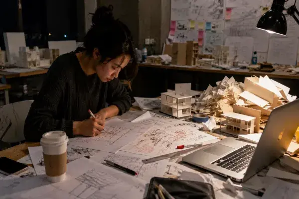 Architecture student working late at a messy studio desk with redlined drawings, study models, laptop, coffee, and model-making scraps.