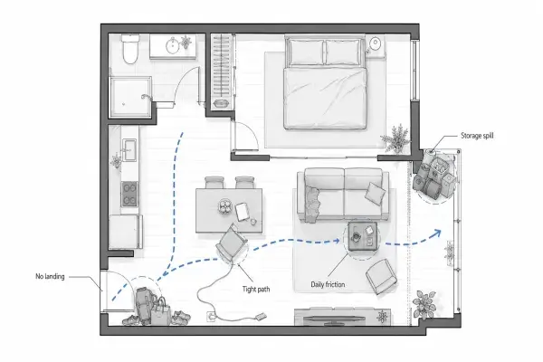 Room layout diagram showing bags at the entry, charger cable across the path, tight furniture clearance, storage spill, and daily-use friction after several weeks.