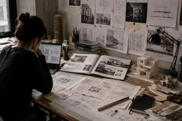 Graduate architecture student reviewing portfolio work, drawings, models, and pinned studio boards at a desk.