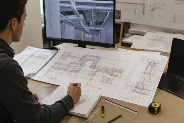 Mechanical drafting desk with duct coordination drawings, redline marks, and a BIM model on screen.