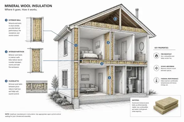 House section diagram showing mineral wool insulation in exterior walls, interior partitions, floor cavities, and attic framing.