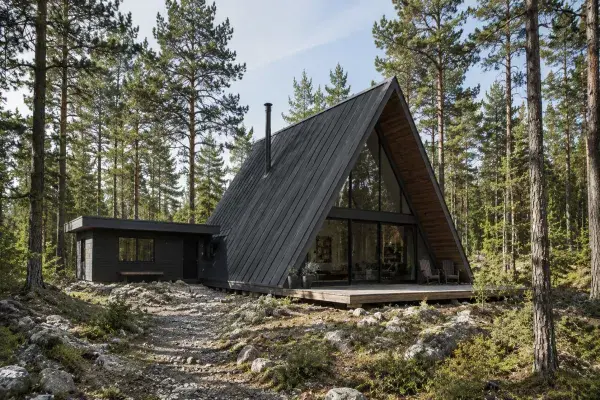 Modern dark A-frame cabin with a metal roof and side wing set in a pine forest.
