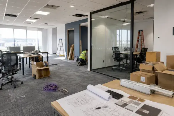 Office interior fit-out in progress with workstations, a glass meeting room, ceiling work, plans, material samples, cables, boxes, and furniture installation.