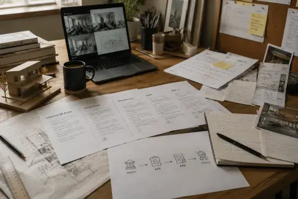 Home office desk with online M.Arch comparison sheets, laptop remote critique, architecture model, calendar, notes, and licensure path papers.