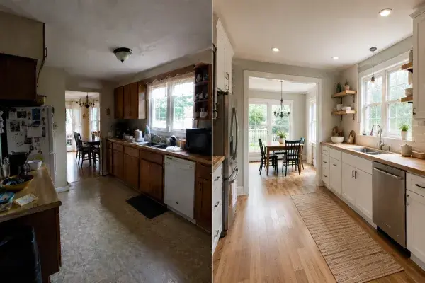 Before and after ranch kitchen remodel showing a dark dated kitchen changed into a brighter layout with cleaner cabinets, improved light, and a better dining connection.
