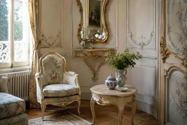 Rococo-inspired sitting room with pale paneled walls, a shaped gilt mirror, curved floral chair, small round table, porcelain detail, and soft daylight.