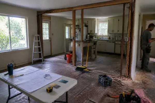 Small ranch house floor plan showing selective wall removal, kept walls, storage, light path, and yard view.