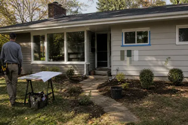 Small ranch house being updated with paint samples, large front windows, landscaping work, and renovation plans.