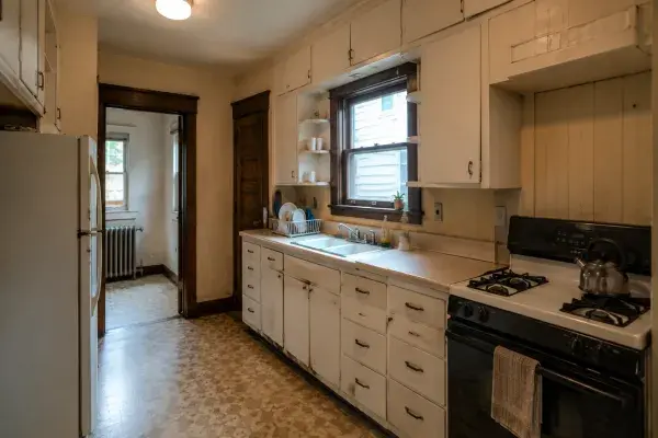 Old 1920s kitchen layout with sink under window, worn cabinets, stove, and radiator room beyond.