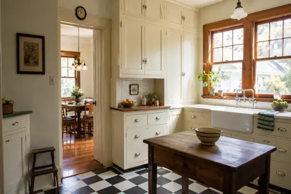 Bright 1930s kitchen remodel with painted cabinets, checkerboard floor, farmhouse sink, and wood-trimmed windows.
