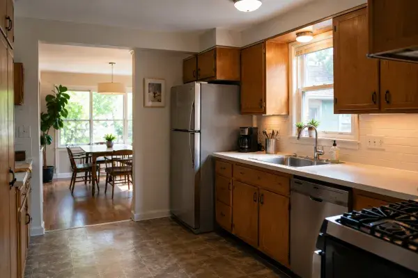 1950s ranch kitchen remodel with improved cabinets, better lighting, and kept layout.